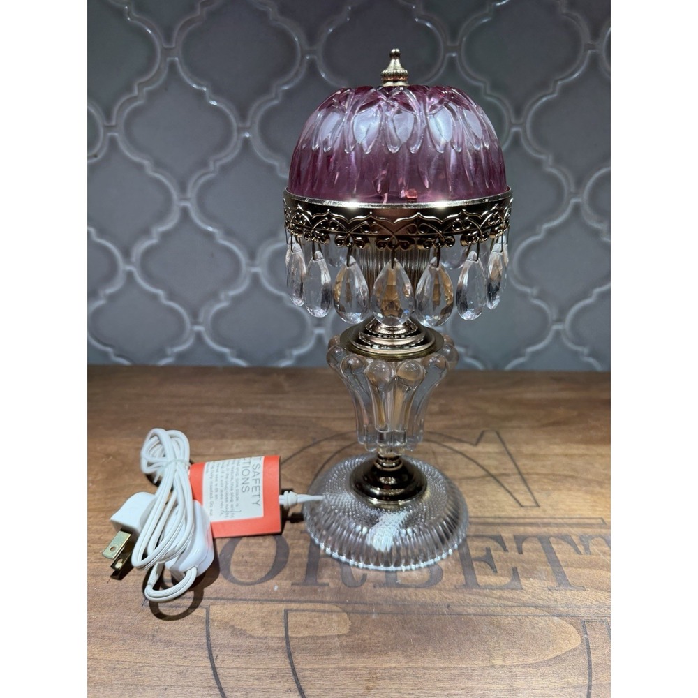 Vtg Michelotti Crystal  Cranberry  Shade Glass Prisms Boudoir Lamp 10 inch Mini